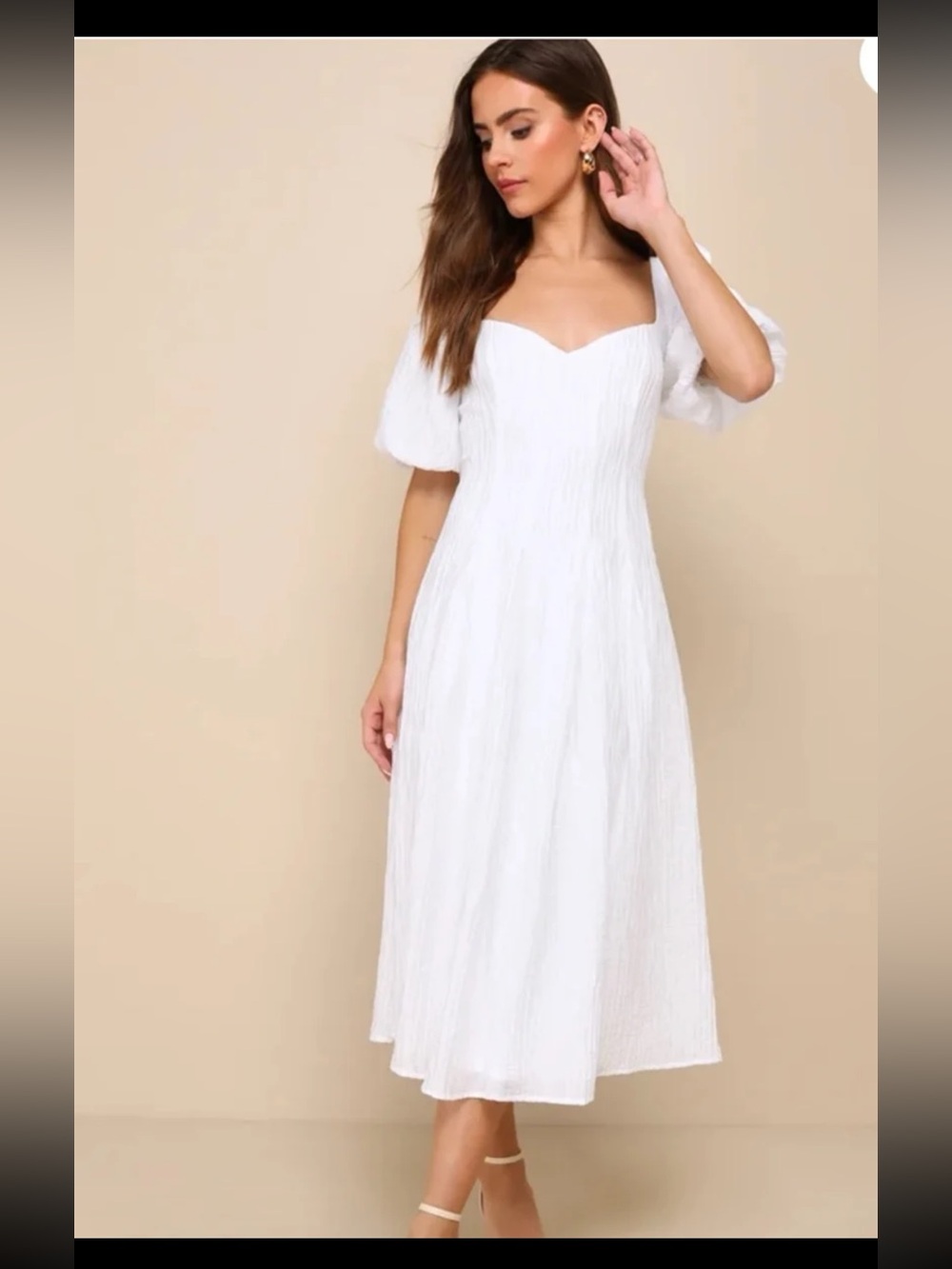 Lulus Heavenly Energy White Textured Puff Sleeve Pleated Midi Dress size Small - Picture 4 of 12